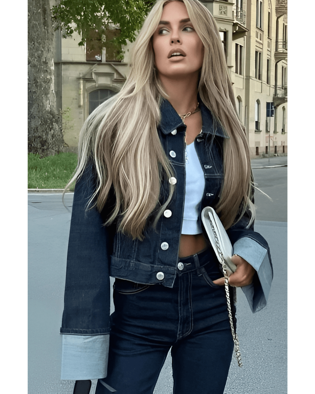 Denim Twee-Delen Ensemble met Lange Mouwen en Kraag – Stijlvol & Tijdloos