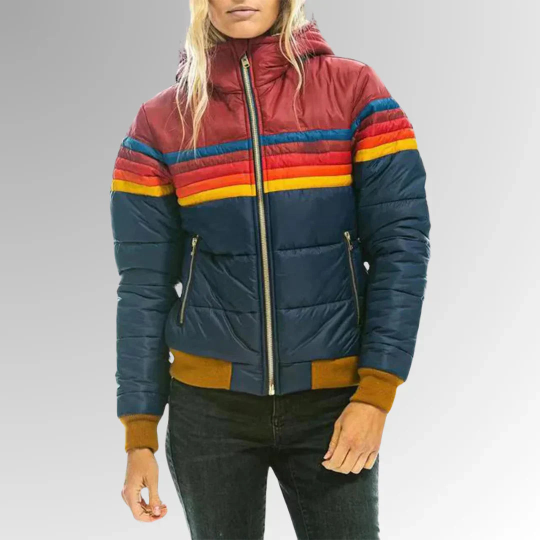 Puck dames winterjas – waterdichte gewatteerde jas met retro strepen en moderne pasvorm