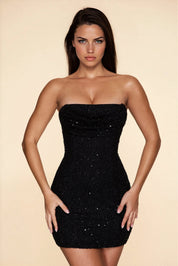 Mesh mini jurk dames – luxe beaded bodycon dress met bandeau cowl hals