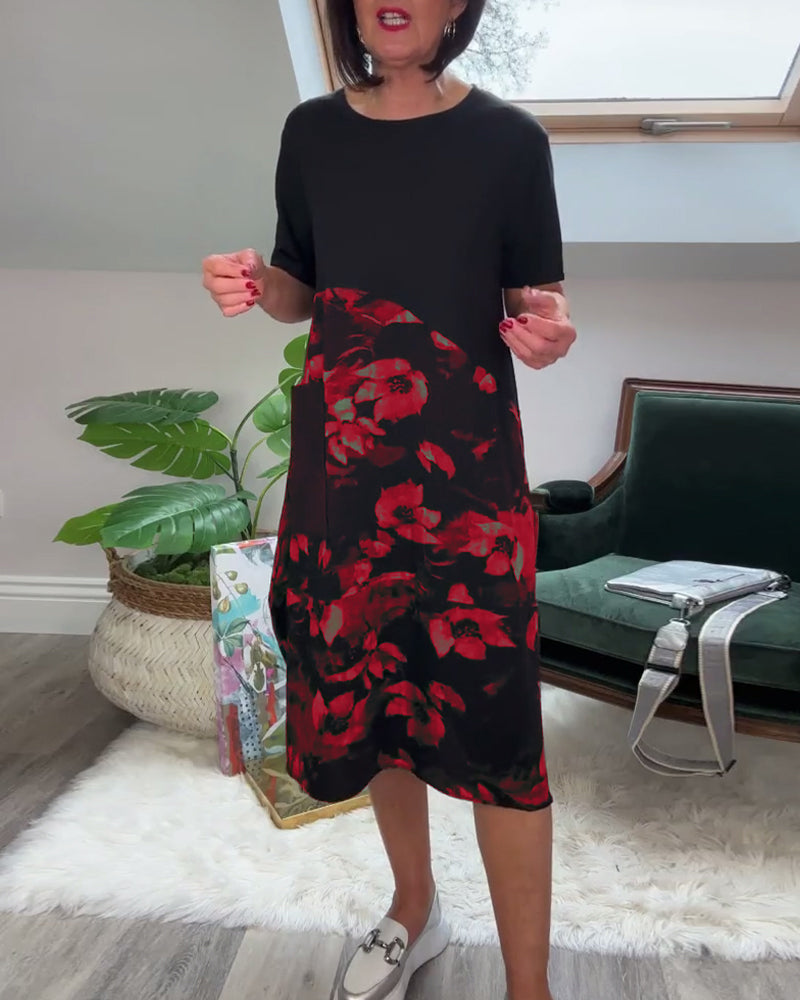 Patchworkjurk met Bloemenprint – Elegante Damesjurk met Ronde Halslijn