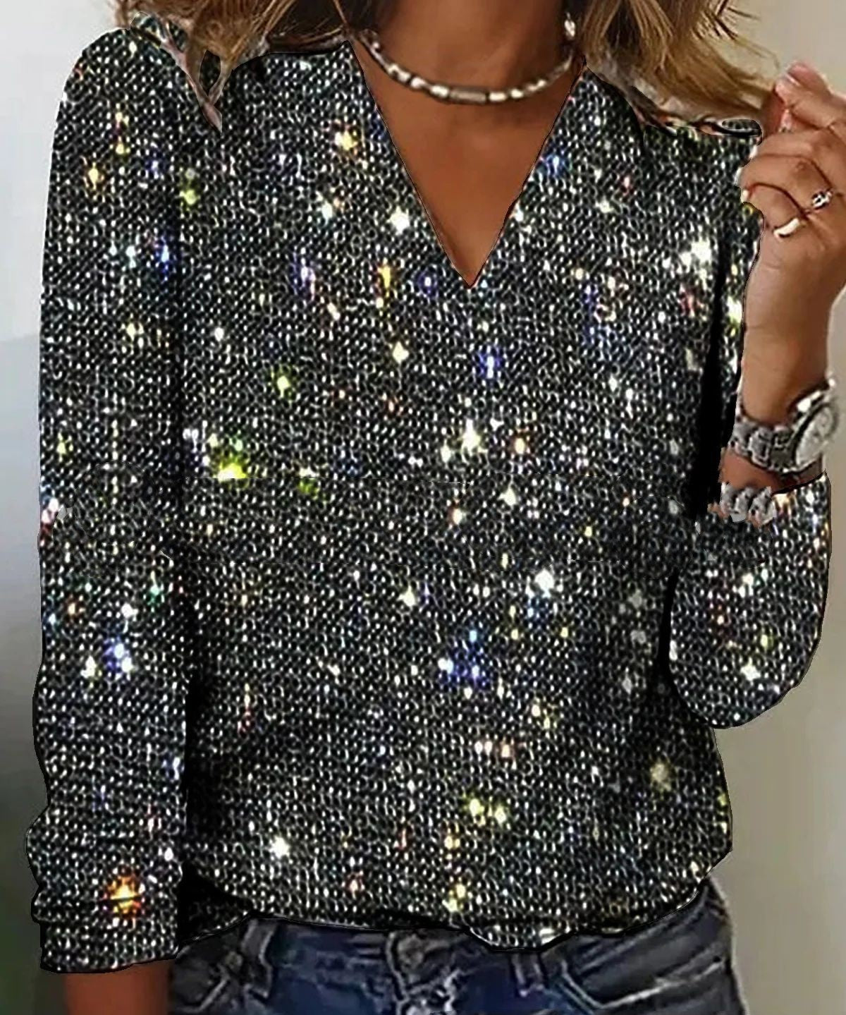 Dames Glitter V-Hals Blouse – Trendy Lange Mouwen Top voor Lente & Zomer | Caroline