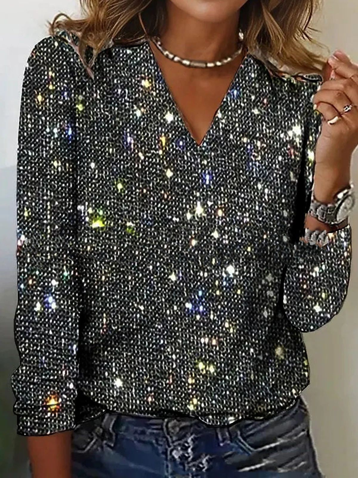 Dames Glitter V-Hals Blouse – Trendy Lange Mouwen Top voor Lente & Zomer | Caroline