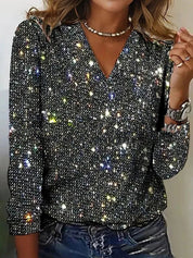 Dames Glitter V-Hals Blouse – Trendy Lange Mouwen Top voor Lente & Zomer | Caroline