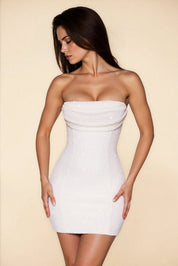 Mesh mini jurk dames – luxe beaded bodycon dress met bandeau cowl hals