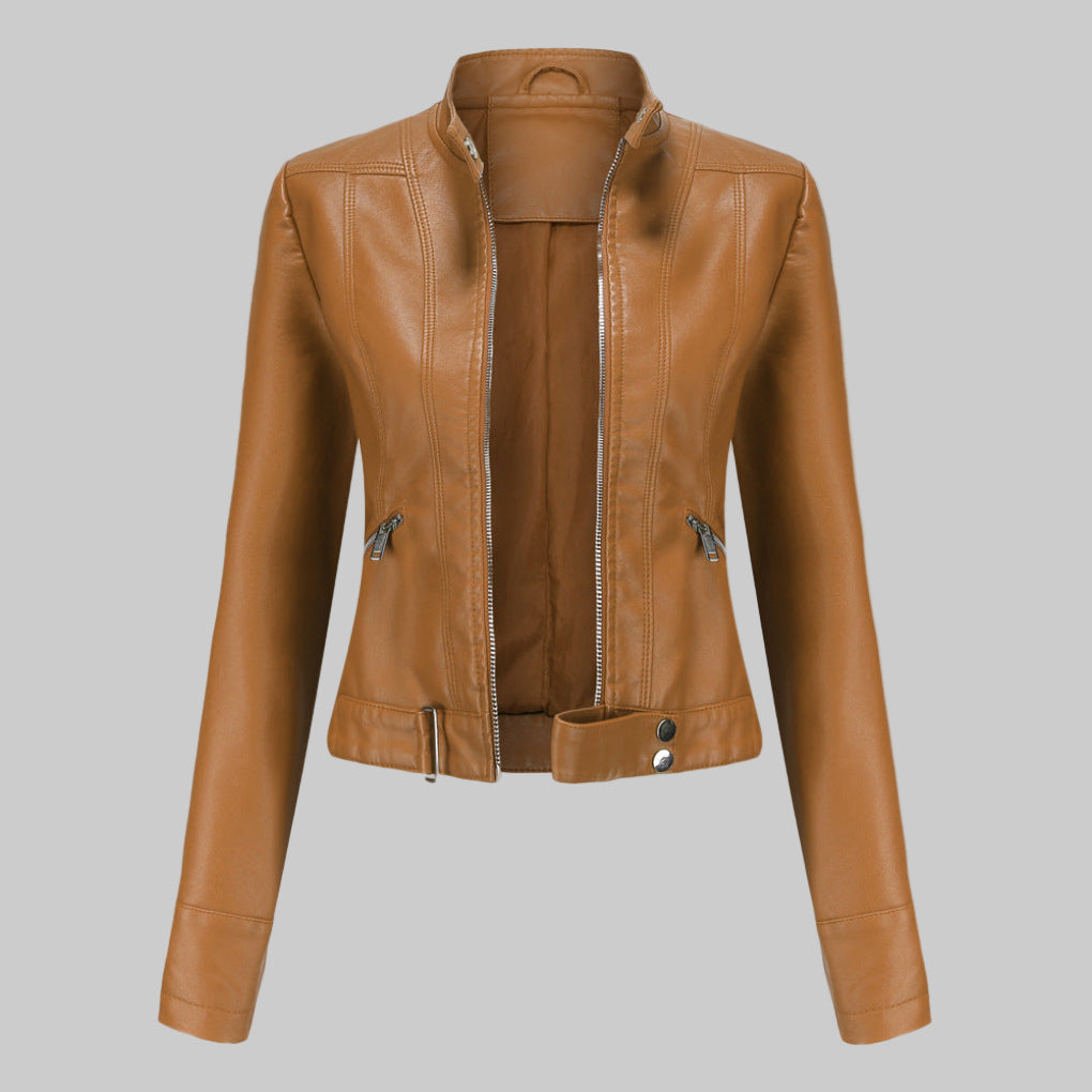 Dames leren jas – elegant leren jack met ritssluiting en opstaande kraag