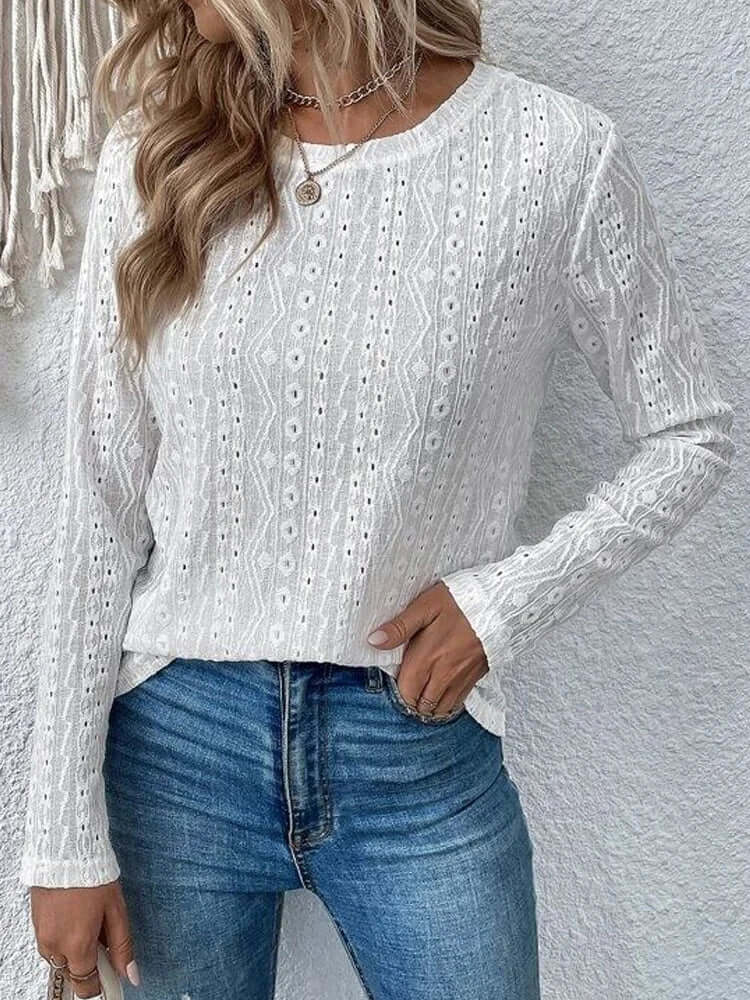 Elegante Kanten Damesblouse – Blouse met Broderie, Lange Mouwen en Luxe Details