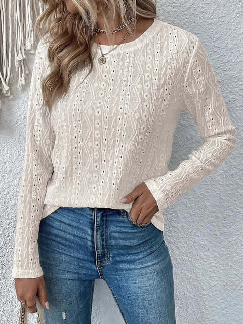 Elegante Kanten Damesblouse – Blouse met Broderie, Lange Mouwen en Luxe Details