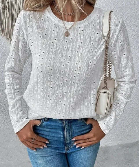 Elegante Kanten Damesblouse – Blouse met Broderie, Lange Mouwen en Luxe Details