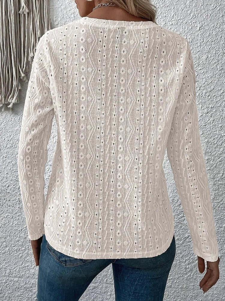 Elegante Kanten Damesblouse – Blouse met Broderie, Lange Mouwen en Luxe Details
