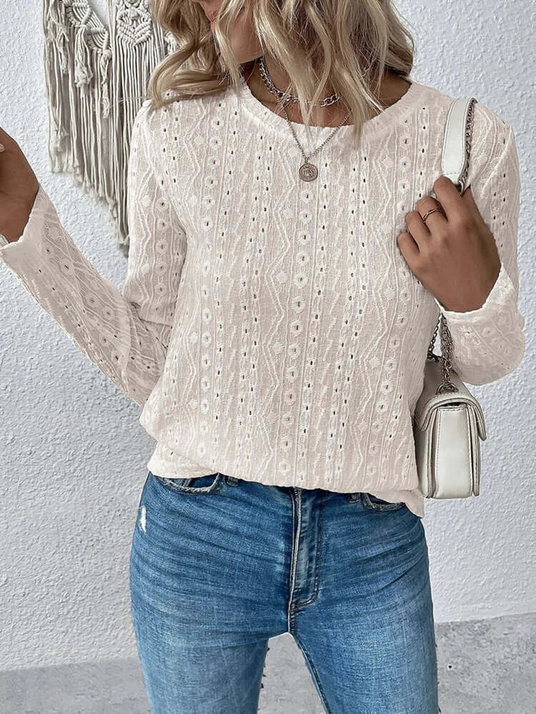 Elegante Kanten Damesblouse – Blouse met Broderie, Lange Mouwen en Luxe Details