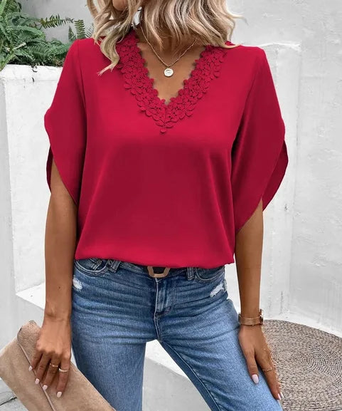 Comfortabele Casual Kanten V-Hals Top Dames – Luchtige Zomerse Blouse met Elegante Details