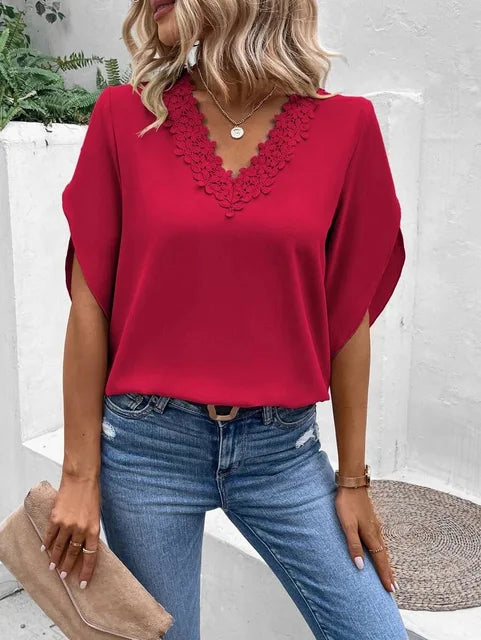 Comfortabele Casual Kanten V-Hals Top Dames – Luchtige Zomerse Blouse met Elegante Details