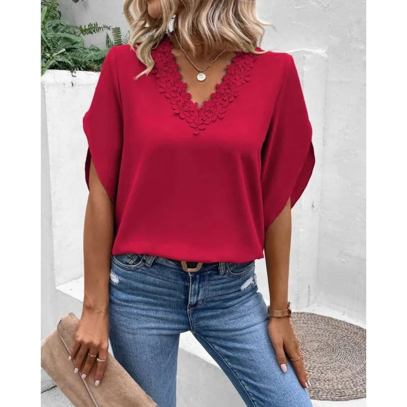 Comfortabele Casual Kanten V-Hals Top Dames – Luchtige Zomerse Blouse met Elegante Details