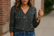 Dames Glitter V-Hals Blouse – Trendy Lange Mouwen Top voor Lente & Zomer | Caroline
