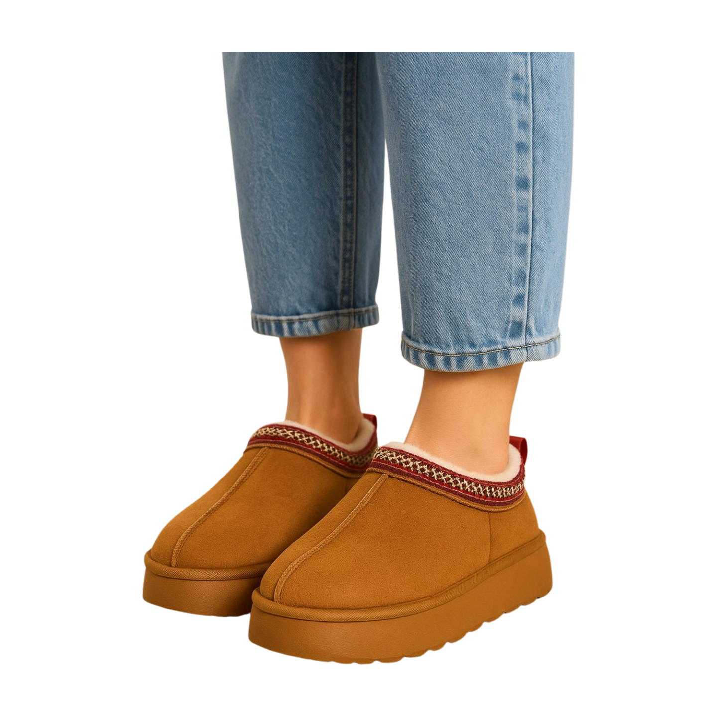Warme dames pantoffels – camel instappers met fleecevoering & gebreide details