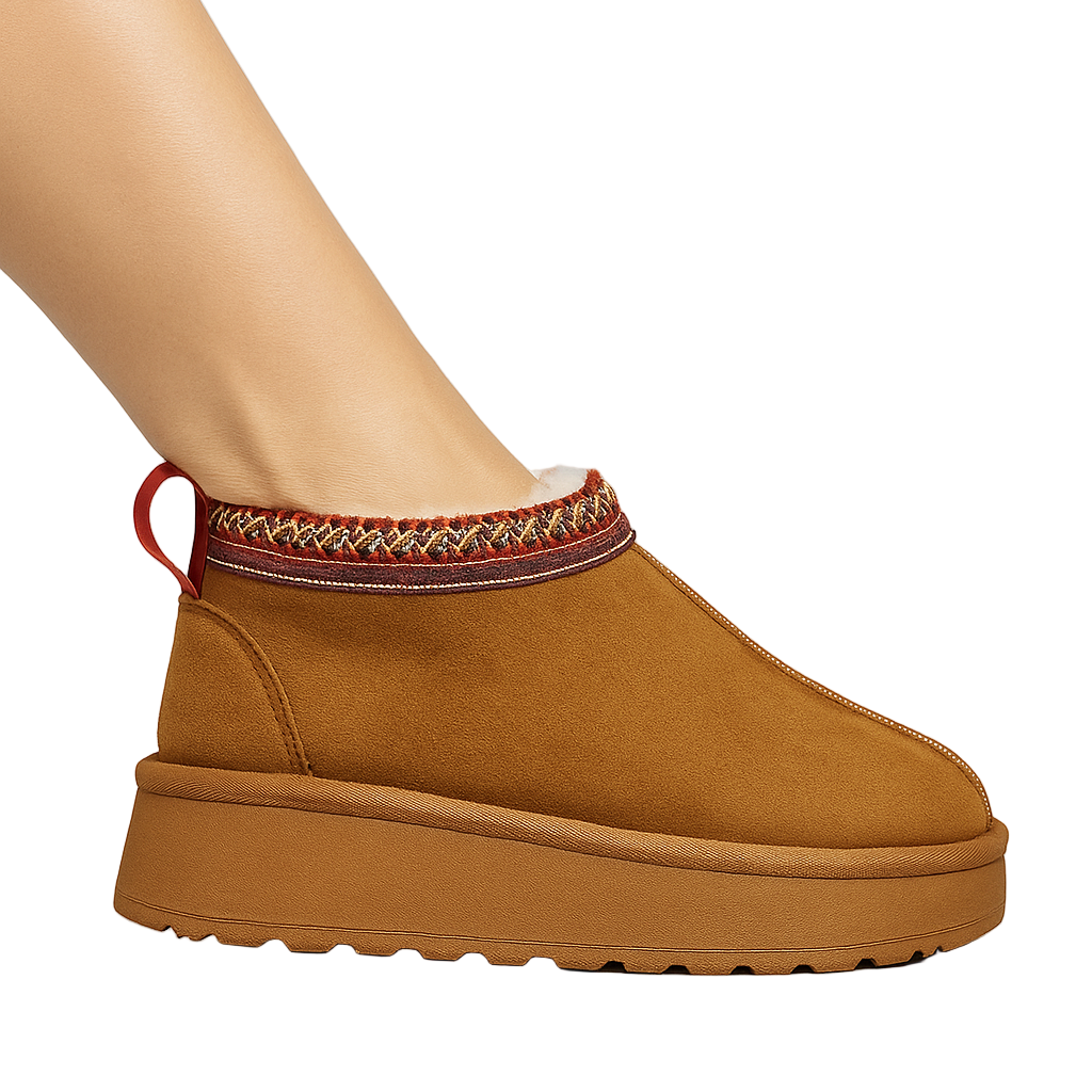 Warme dames pantoffels – camel instappers met fleecevoering & gebreide details