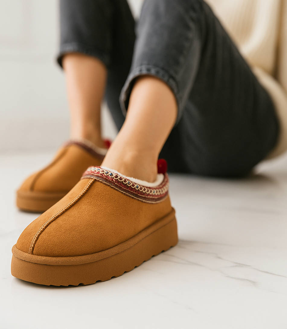 Warme dames pantoffels – camel instappers met fleecevoering & gebreide details