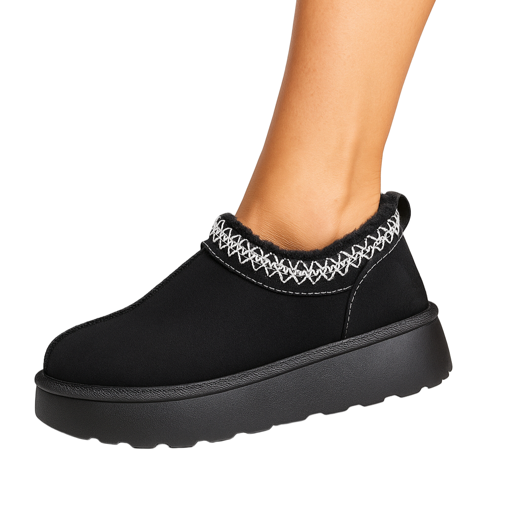 Warme dames pantoffels – camel instappers met fleecevoering & gebreide details