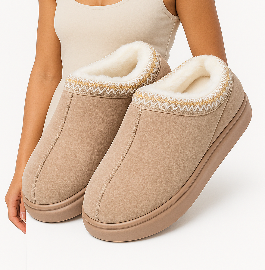 Warme dames pantoffels – camel instappers met fleecevoering & gebreide details