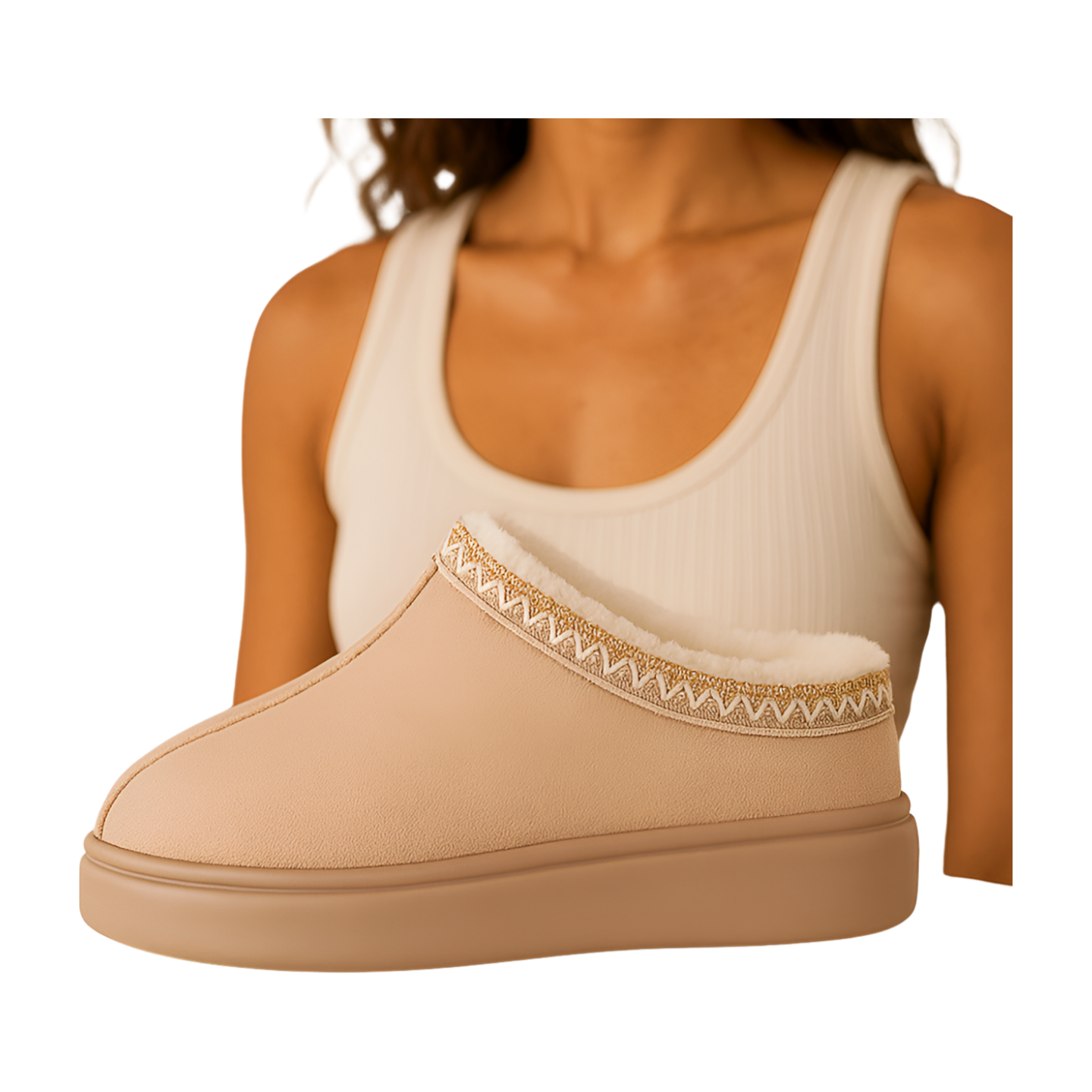 Warme dames pantoffels – camel instappers met fleecevoering & gebreide details