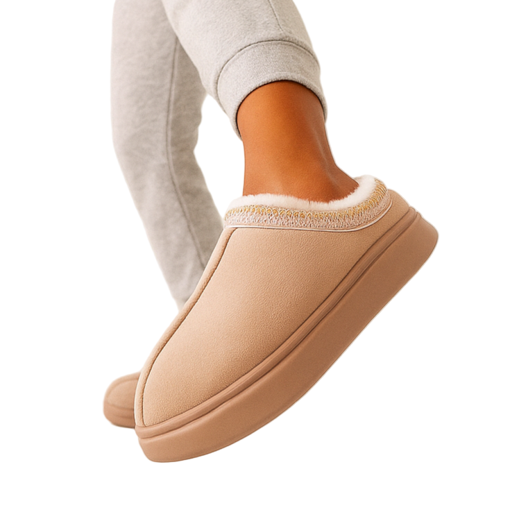 Warme dames pantoffels – camel instappers met fleecevoering & gebreide details