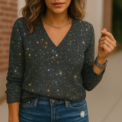 Dames Glitter V-Hals Blouse – Trendy Lange Mouwen Top voor Lente & Zomer | Caroline