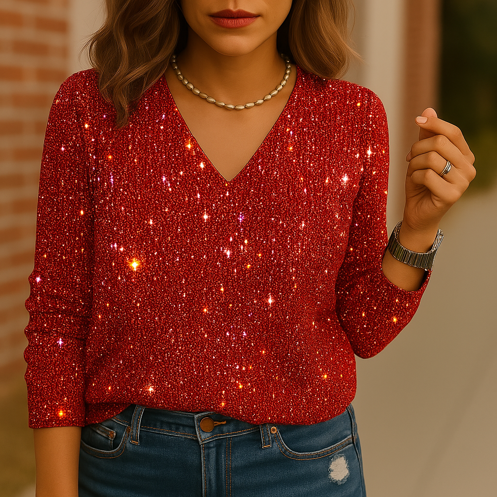 Dames Glitter V-Hals Blouse – Trendy Lange Mouwen Top voor Lente & Zomer | Caroline
