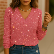 Dames Glitter V-Hals Blouse – Trendy Lange Mouwen Top voor Lente & Zomer | Caroline