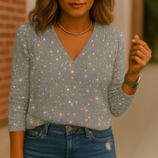 Dames Glitter V-Hals Blouse – Trendy Lange Mouwen Top voor Lente & Zomer | Caroline