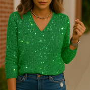 Dames Glitter V-Hals Blouse – Trendy Lange Mouwen Top voor Lente & Zomer | Caroline