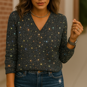 Dames Glitter V-Hals Blouse – Trendy Lange Mouwen Top voor Lente & Zomer | Caroline