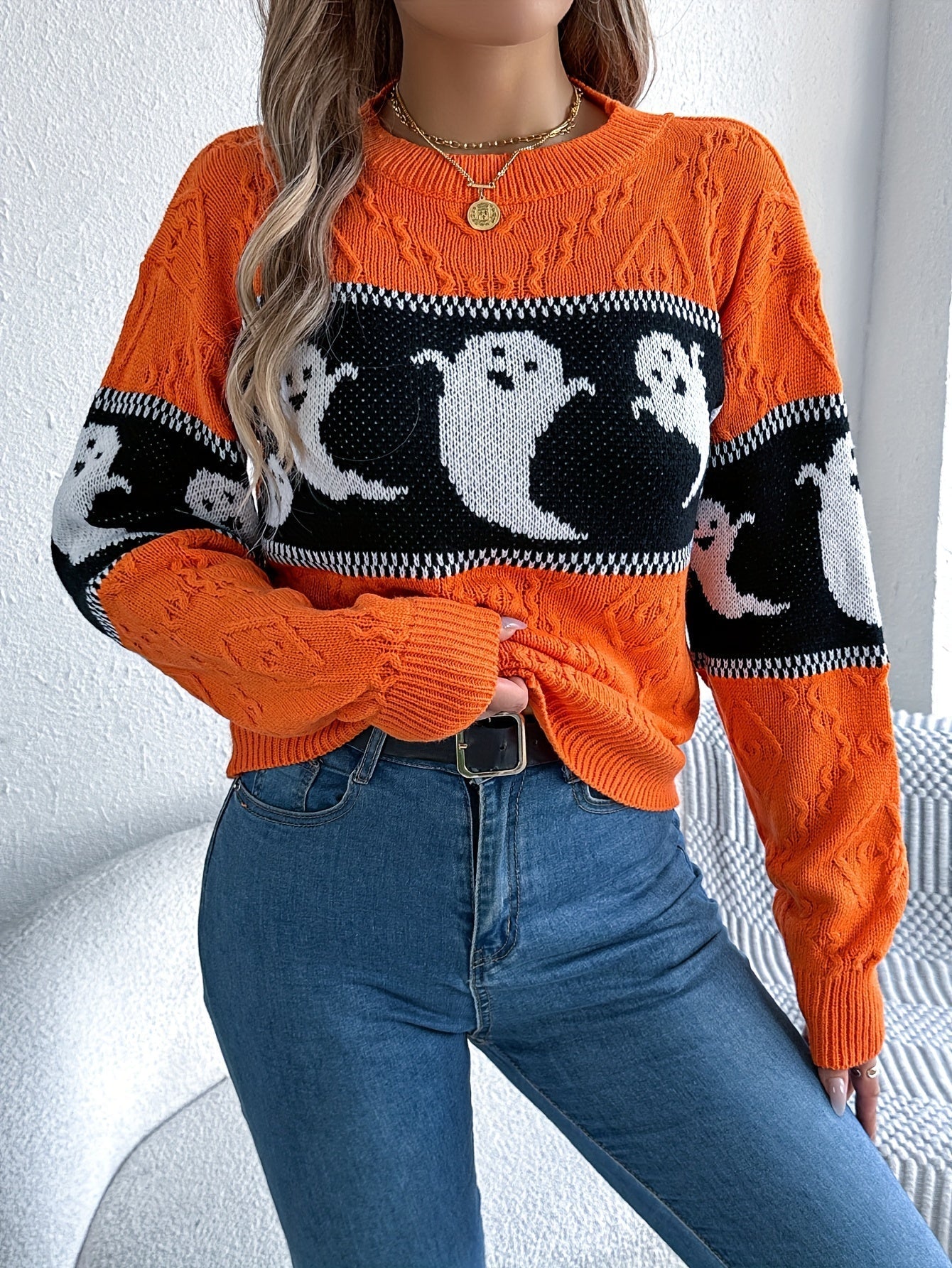 Halloween Trui Dames – Gebreide Trui met Spookmotieven in Zwart & Grijs