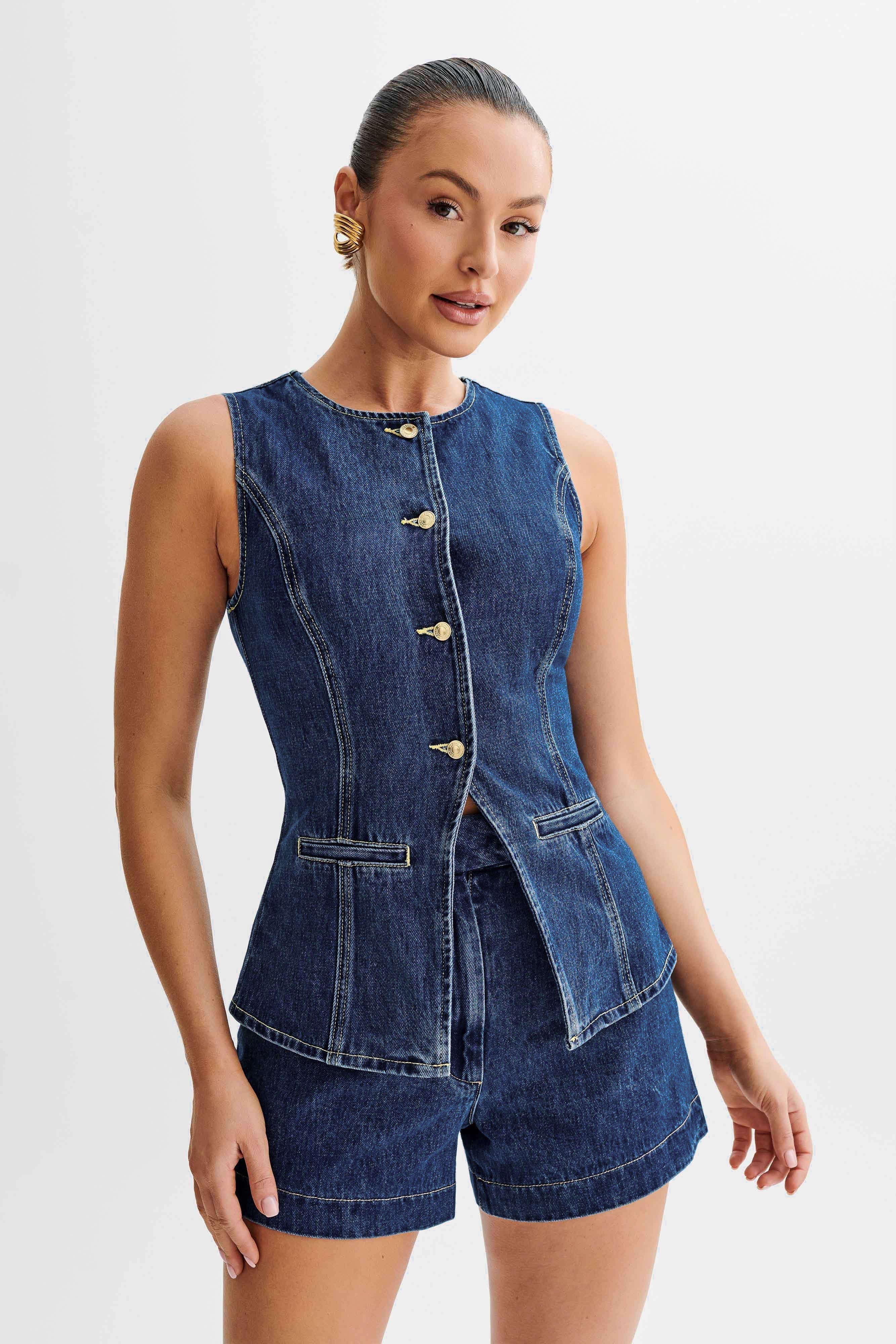 Demi mouwloze denim gilet & short set – zomerse co-ord met rond hals