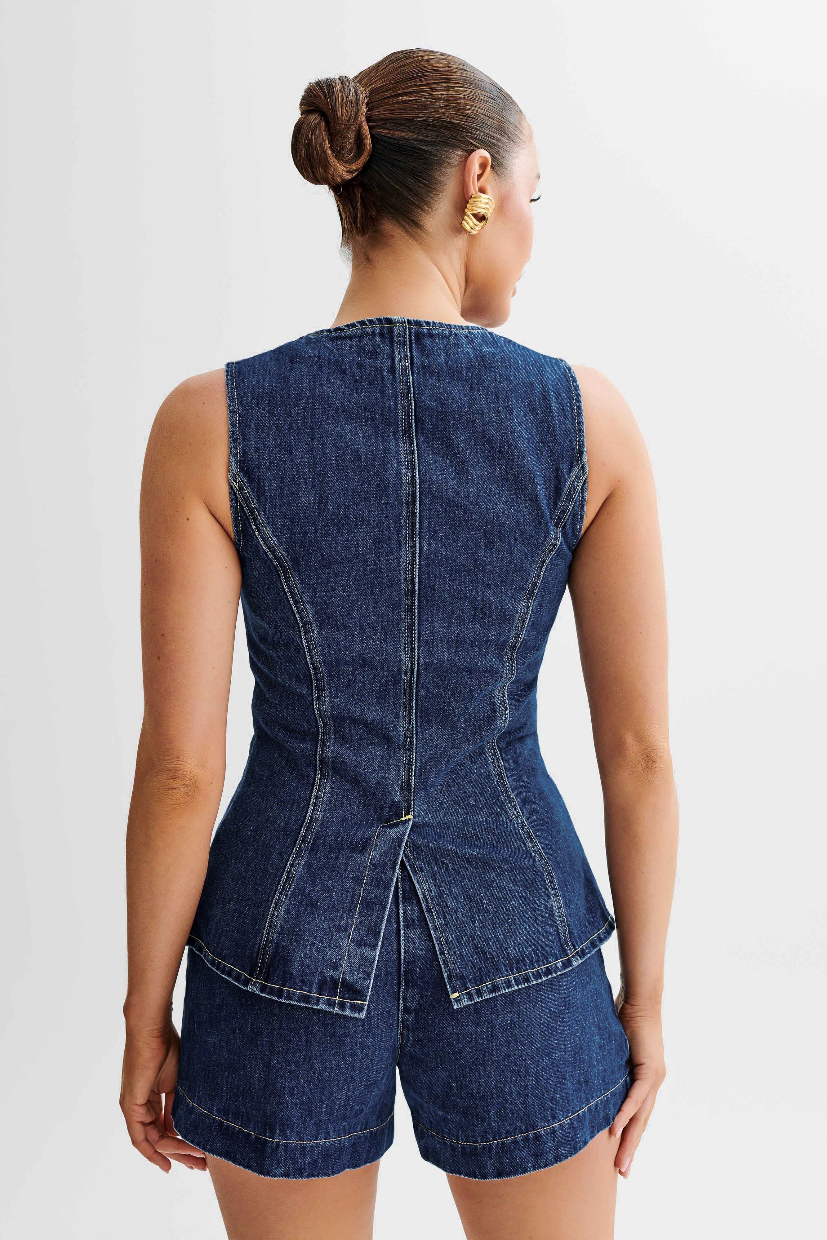 Demi mouwloze denim gilet & short set – zomerse co-ord met rond hals