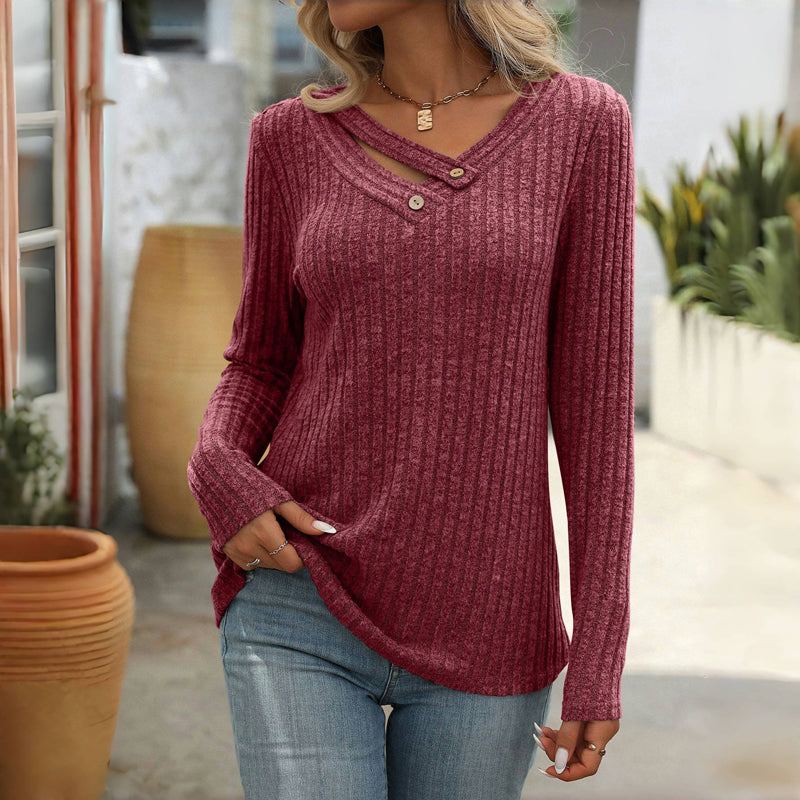 Effen Casual Damesblouse – V-Hals Blouse met Knoopdetails en Lange Mouwen