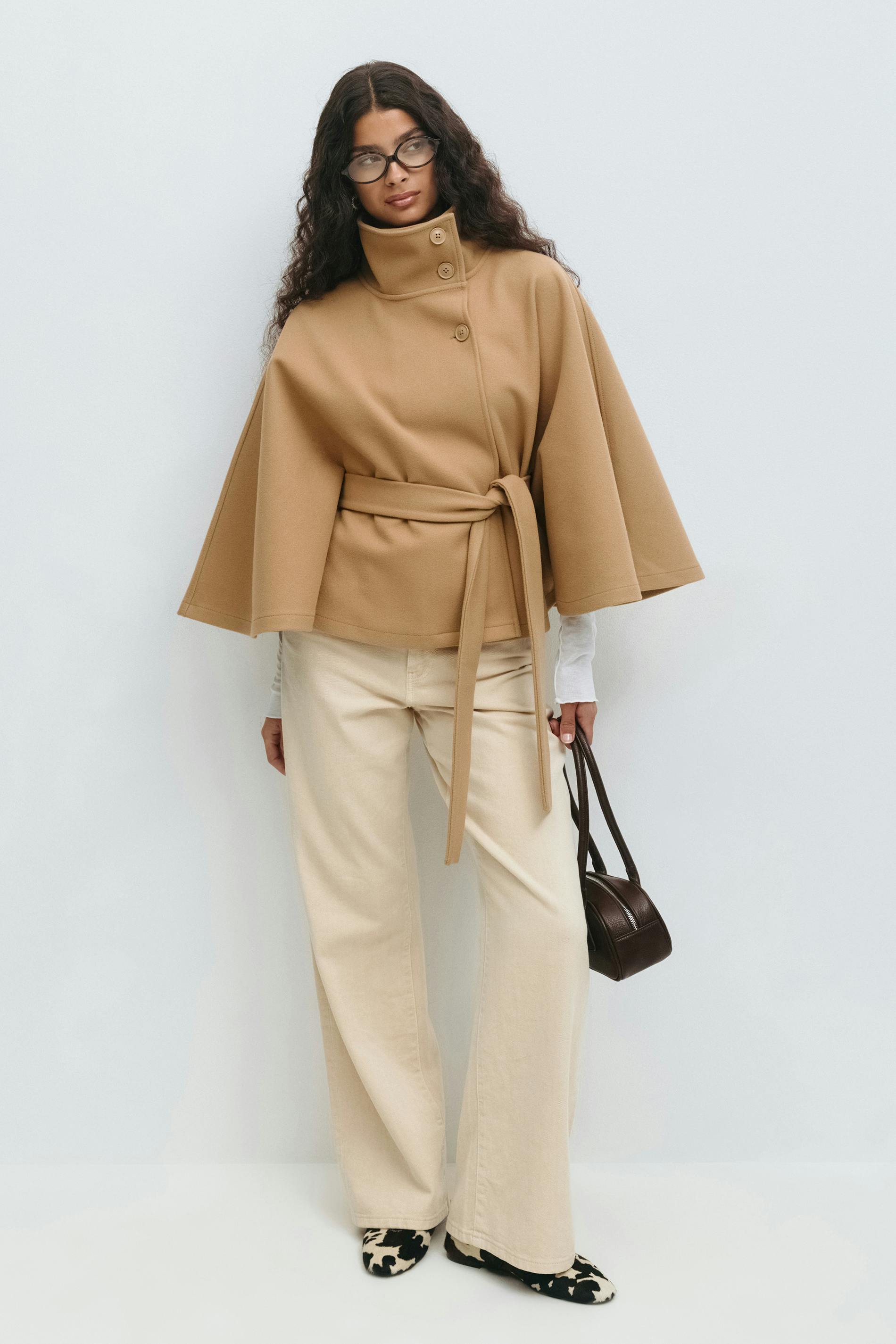 CLARA dames cape jas – elegante cape-mantel met ceintuur & hoge kraag