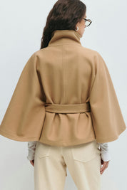 CLARA dames cape jas – elegante cape-mantel met ceintuur & hoge kraag