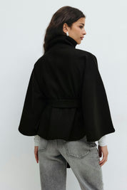 CLARA dames cape jas – elegante cape-mantel met ceintuur & hoge kraag