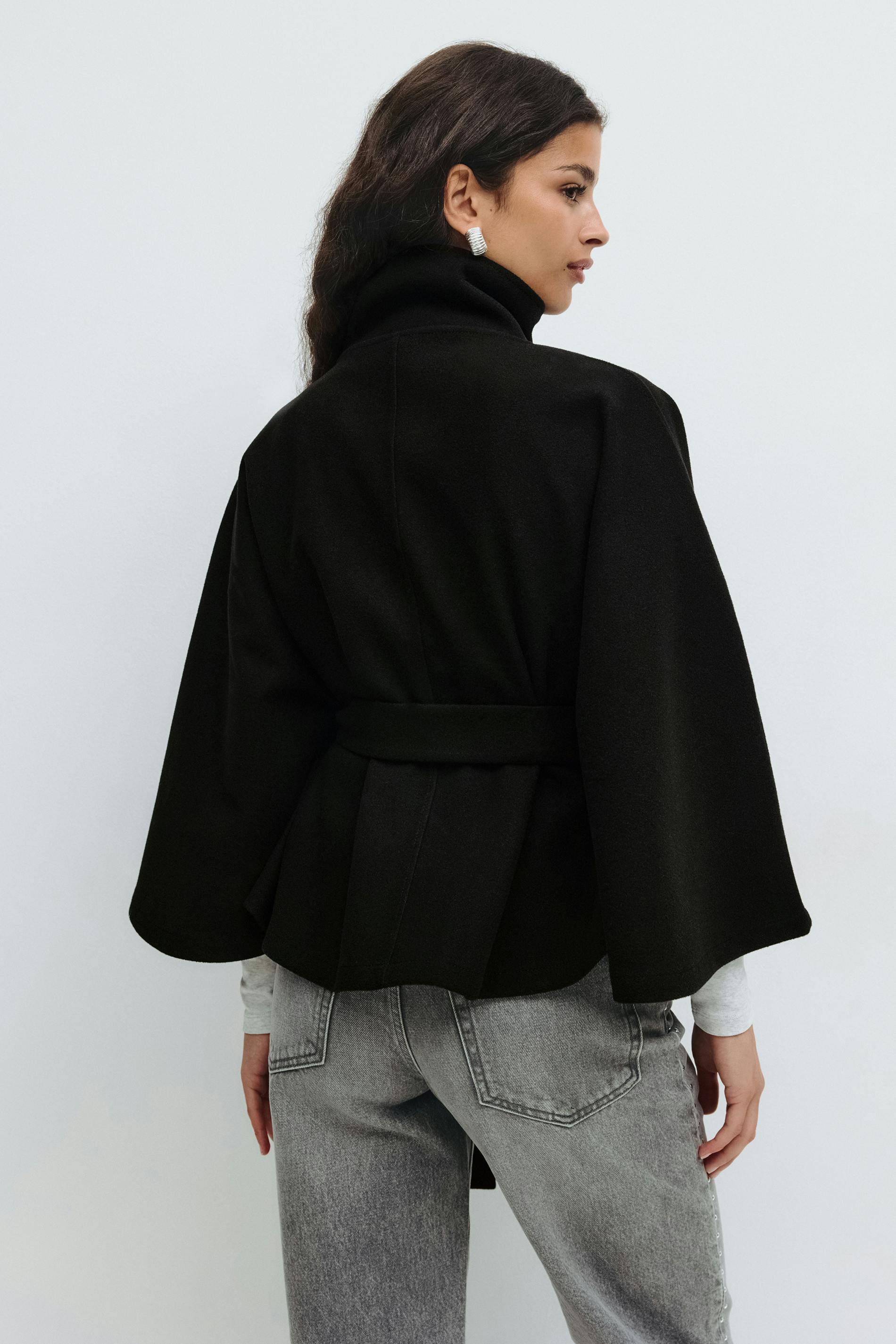 CLARA dames cape jas – elegante cape-mantel met ceintuur & hoge kraag