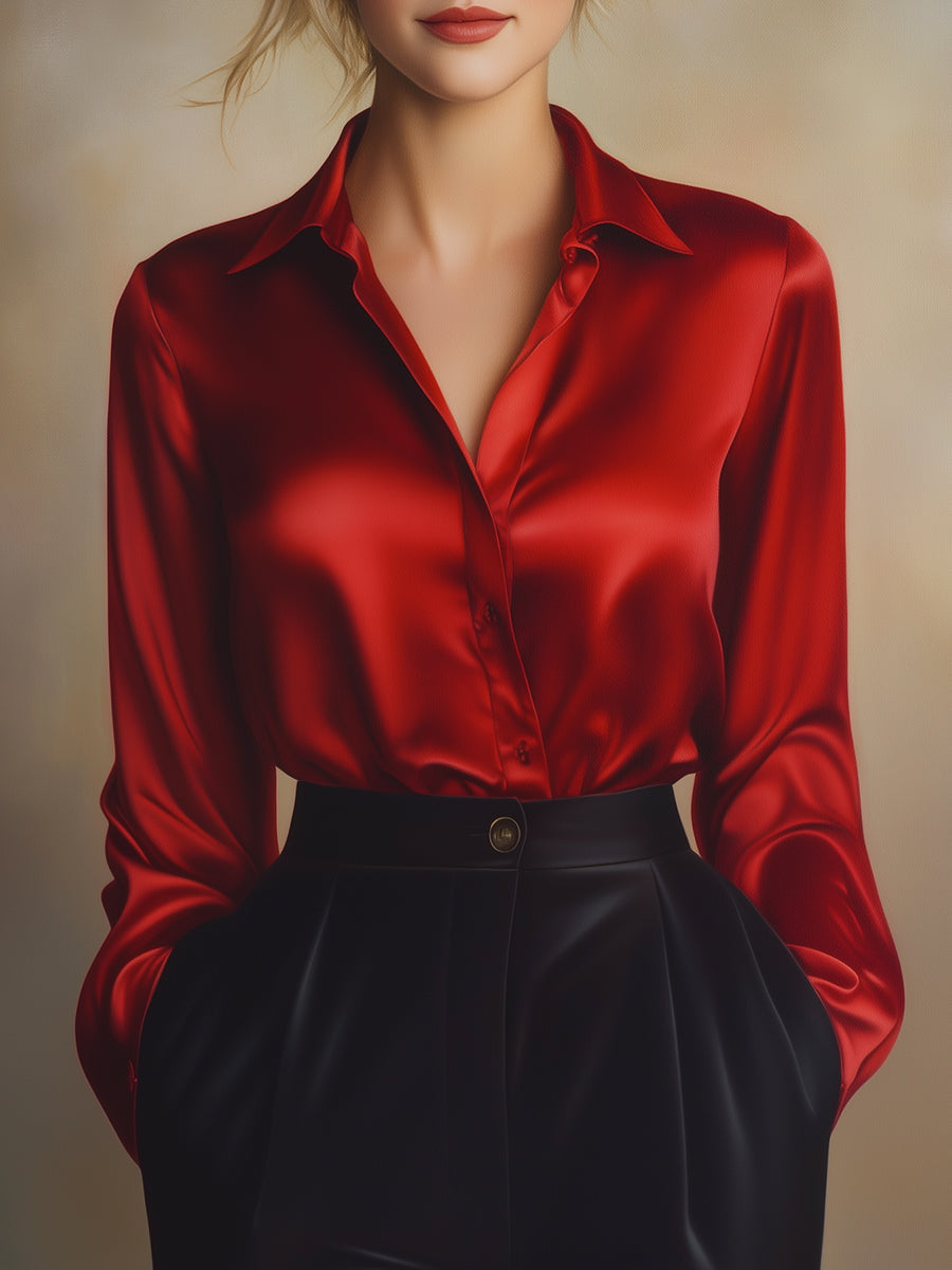 Zwarte satijnen dames blouse – elegante blouse met lange mouwen en luxueuze glans