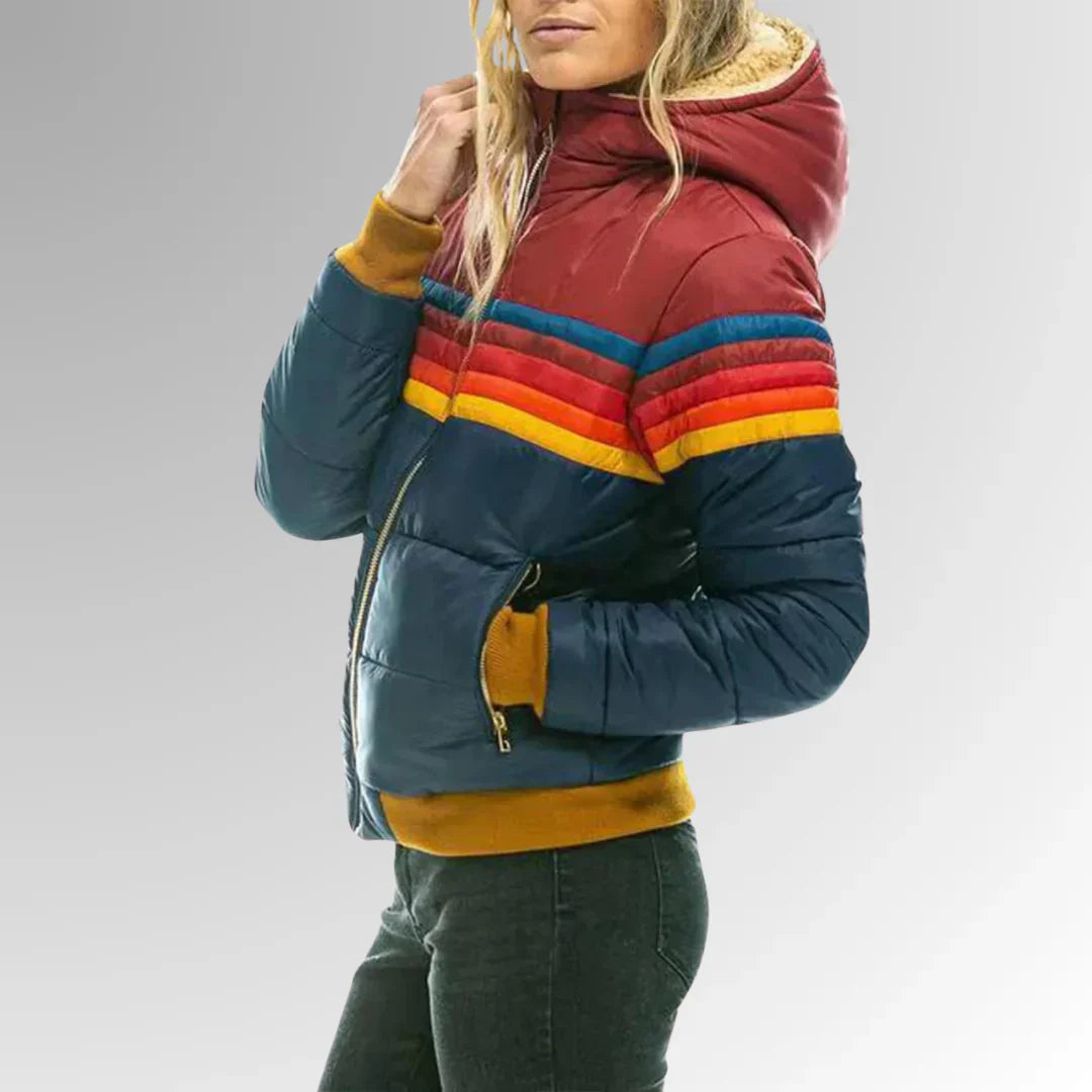 Puck dames winterjas – waterdichte gewatteerde jas met retro strepen en moderne pasvorm