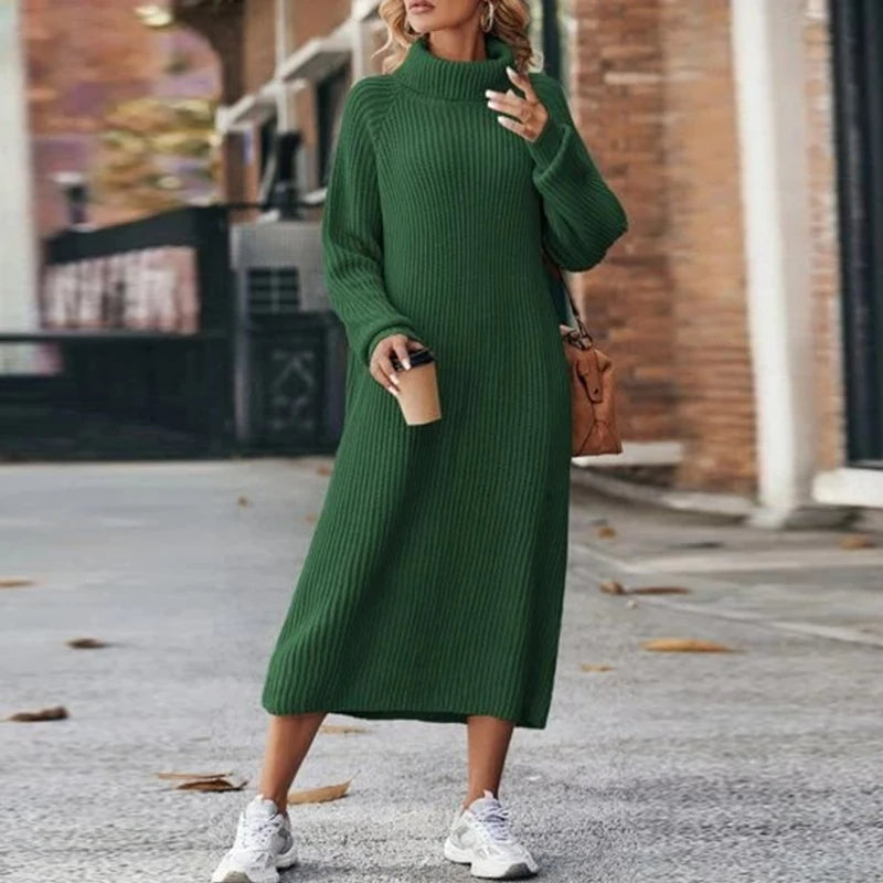 Gebreide Midi-Jurk Dames – Jurk met Col, Lange Mouwen en Elegante Pasvorm