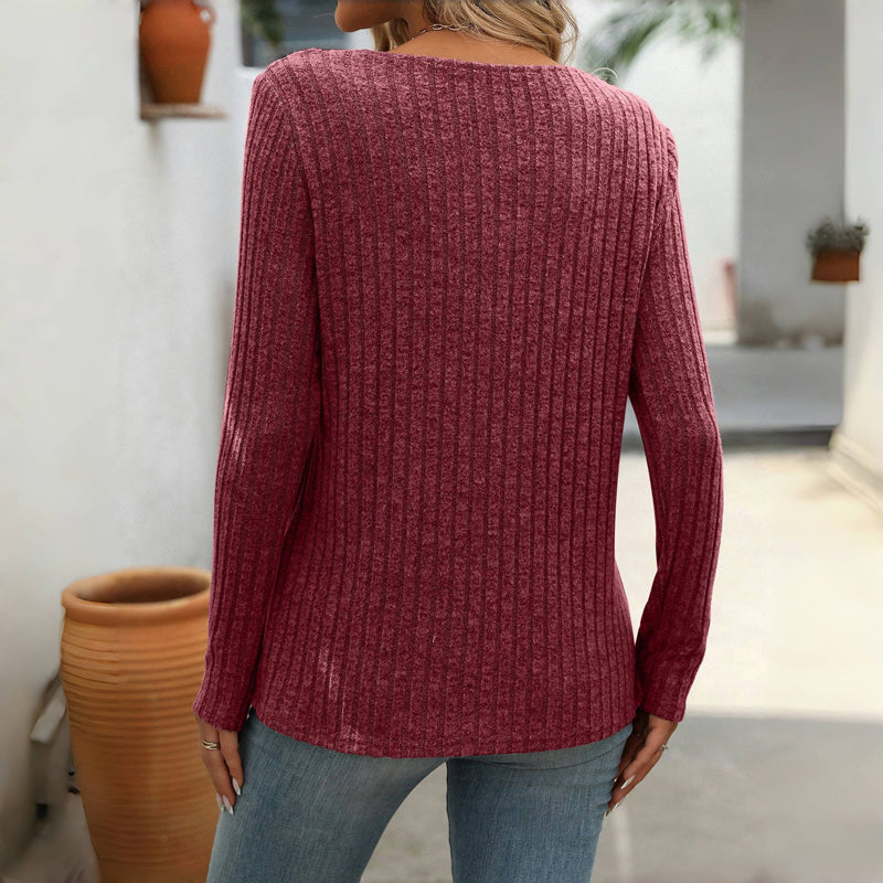 Effen Casual Damesblouse – V-Hals Blouse met Knoopdetails en Lange Mouwen
