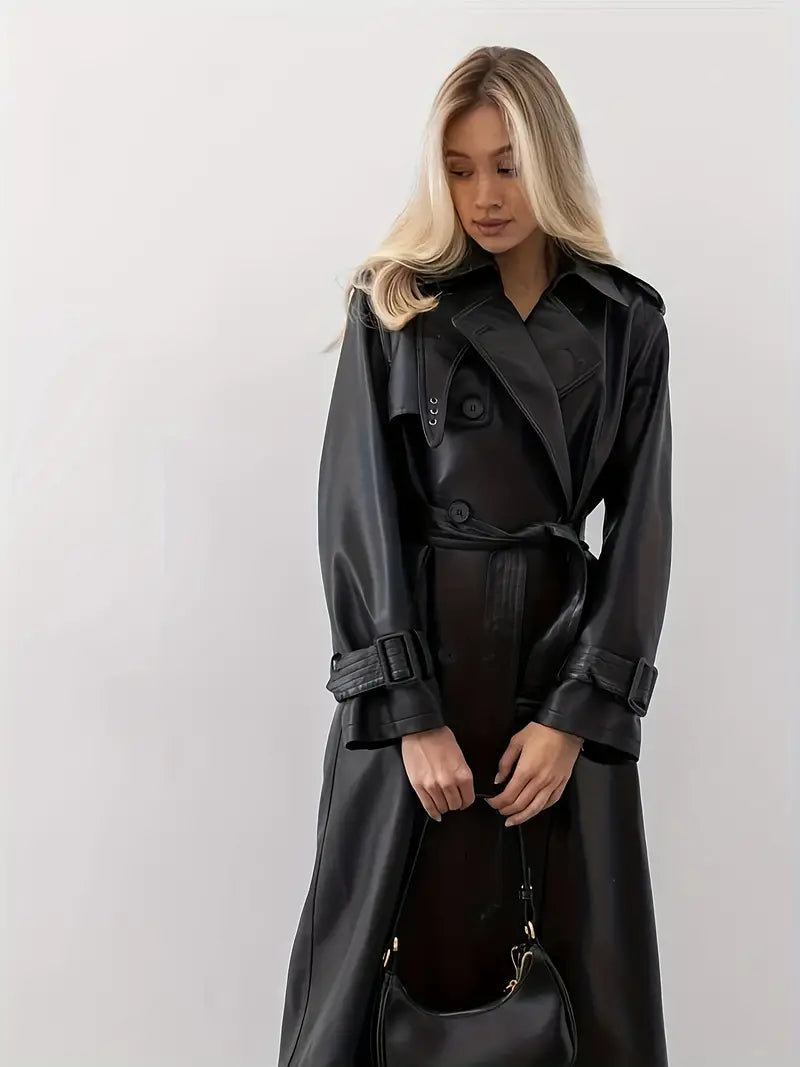 Dames Leren Trenchcoat – Lang Model met Dubbelzijdige Sluiting, Tailleriem & Brede Revers
