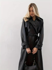 Dames Leren Trenchcoat | Lang Model | Dubbelzijdige Sluiting | Tailleriem | Brede Revers