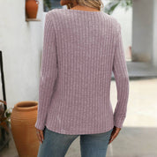 Effen Casual Damesblouse – V-Hals Blouse met Knoopdetails en Lange Mouwen