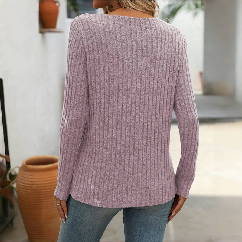 Effen Casual Damesblouse – V-Hals Blouse met Knoopdetails en Lange Mouwen