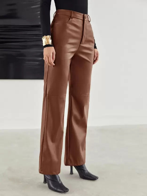Dames Leren Broek – High-Waist Broek met Wijde Pijpen, Volledige Lengte & Zakken