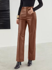Dames Leren Broek – High-Waist Broek met Wijde Pijpen, Volledige Lengte & Zakken