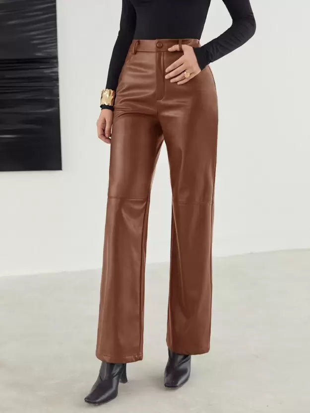 Dames Leren Broek – High-Waist Broek met Wijde Pijpen, Volledige Lengte & Zakken